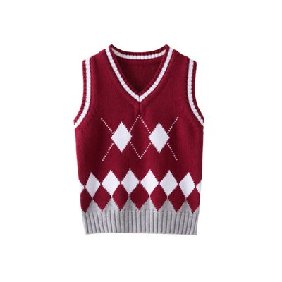 OEM Tartan Knitted Waistcoat 100% Cotton Preppy Sweater Vest For Kids