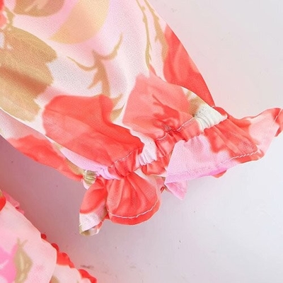 Oil Painting Rose Printed Pleated V Neck Polyester Short Sleeve Dress